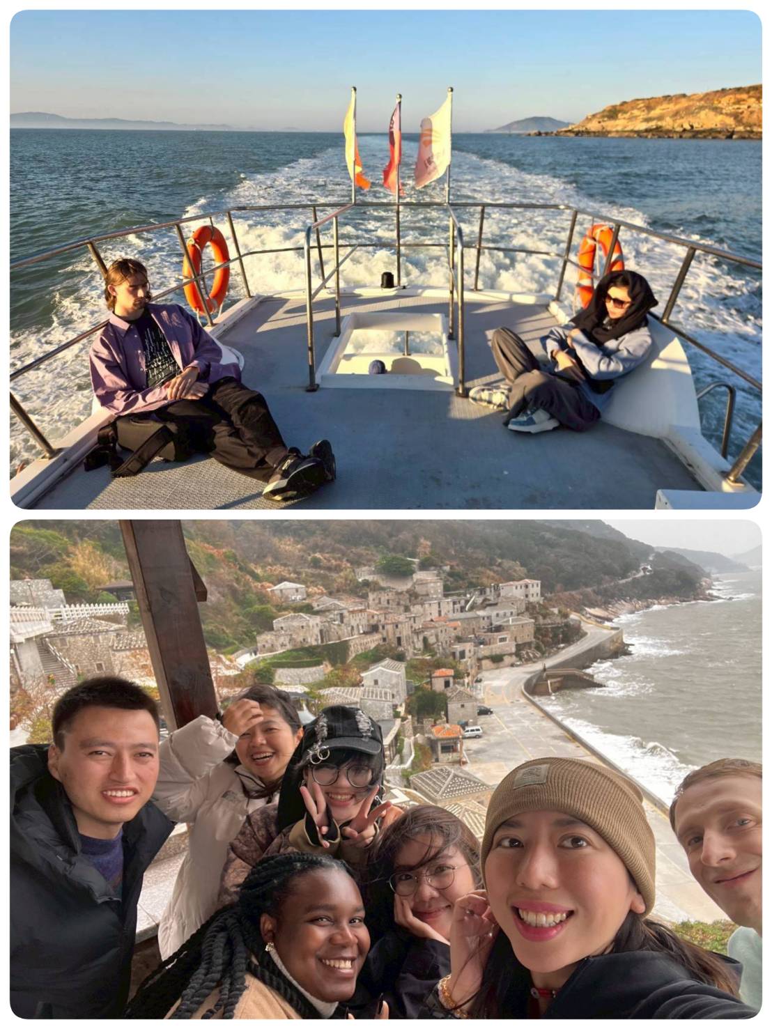Felix Leuner and Khanh Nguyen Phuong Huynh relaxed in the sunshine on the boat, while many of the other students were battling the chilly winds at the mountain lodge.